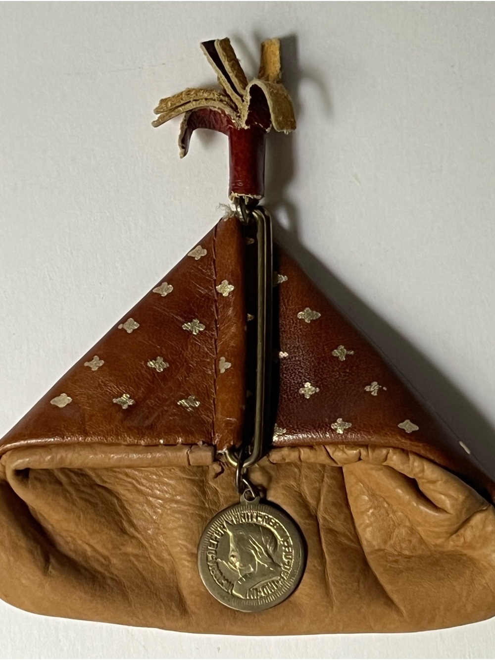 Vintage Italian Brown Leather Coin Pouch Clutch with St. John Medallion